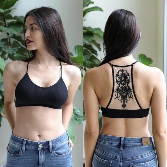 Black Floral Lace Mesh Racerback Tattoo Bralette - Picture 8 of 16
